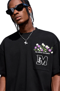 MEDM Flower Embroidery Pocket Tee in black featuring floral design and casual street style