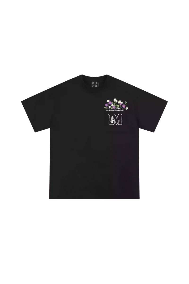 MEDM Flower Embroidery Pocket Tee in black with colorful floral design on pocket