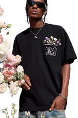 Black MEDM Flower Embroidery Pocket Tee with Floral Design and Casual Fit for Stylish Outfits