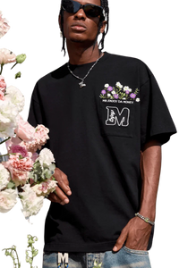 Black MEDM Flower Embroidery Pocket Tee with Floral Design and Casual Fit for Stylish Outfits
