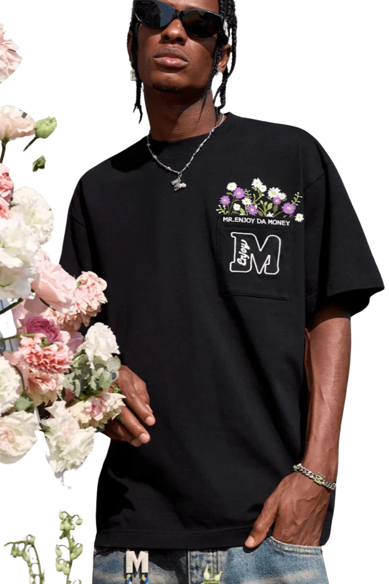 Black MEDM Flower Embroidery Pocket Tee with Floral Design and Casual Fit for Stylish Outfits