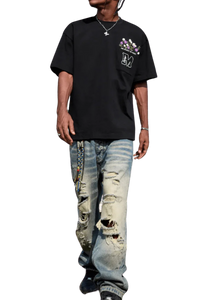 MEDM Flower Embroidery Pocket Tee in Black with Unique Floral Design and Casual Fit
