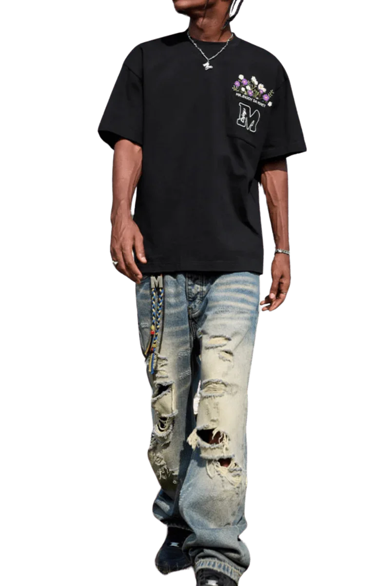 MEDM Flower Embroidery Pocket Tee in Black with Unique Floral Design and Casual Fit