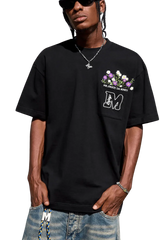 Black MEDM Flower Embroidery Pocket Tee featuring floral design on chest for casual style