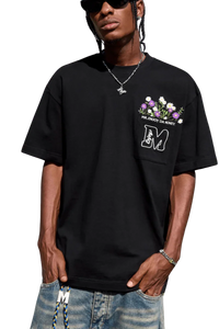 Black MEDM Flower Embroidery Pocket Tee featuring floral design on chest for casual style