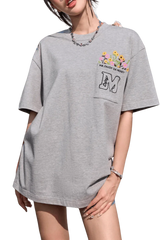 MEDM Flower Embroidery Pocket Tee from Mr Enjoy Da Money in grey with vibrant floral design