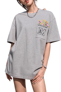 MEDM Flower Embroidery Pocket Tee from Mr Enjoy Da Money in grey with vibrant floral design