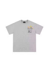 MEDM Flower Embroidery Pocket Tee in gray featuring colorful floral design on pocket