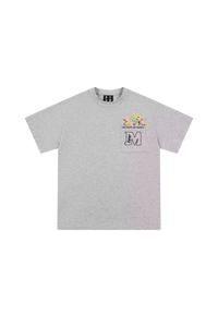 MEDM Flower Embroidery Pocket Tee in gray featuring colorful floral design on pocket
