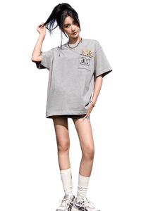 MEDM Flower Embroidery Pocket Tee in grey, featuring a colorful embroidered pocket design