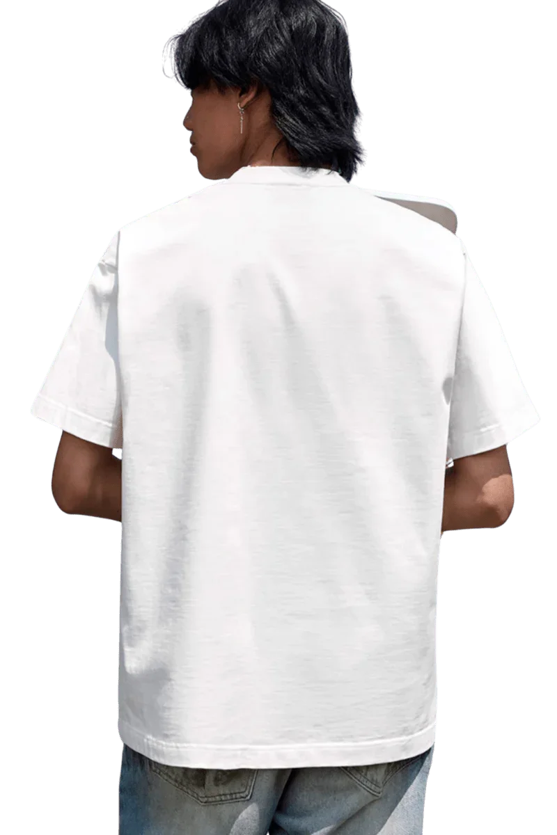 Back view of a white MEDM Flower Embroidery Pocket Tee with relaxed fit for casual style