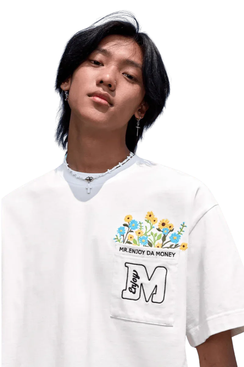 MEDM Flower Embroidery Pocket Tee in white featuring vibrant floral design and Mr Enjoy Da Money branding