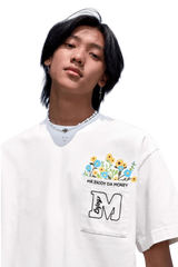 MEDM Flower Embroidery Pocket Tee in white featuring vibrant floral design and Mr Enjoy Da Money branding