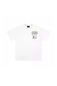 MEDM Flower Embroidery Pocket Tee in White with Colorful Floral Design on Front Pocket