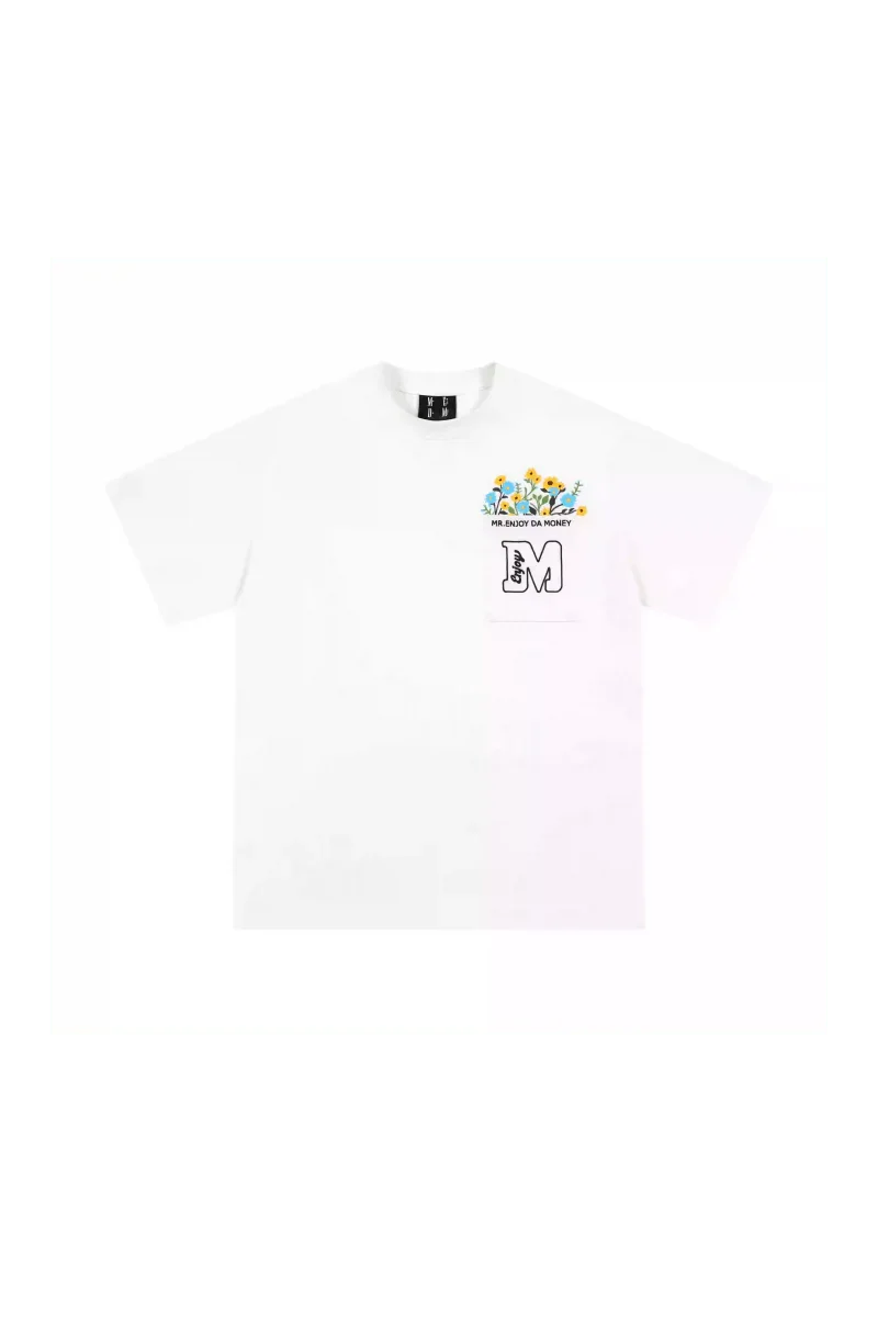 MEDM Flower Embroidery Pocket Tee in White with Colorful Floral Design on Front Pocket