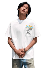 MEDM Flower Embroidery Pocket Tee in White with Colorful Floral Design and Pocket Detail