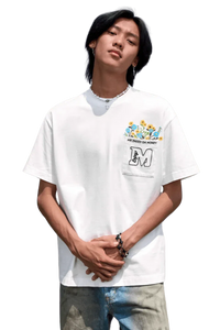 MEDM Flower Embroidery Pocket Tee in White with Colorful Floral Design and Pocket Detail