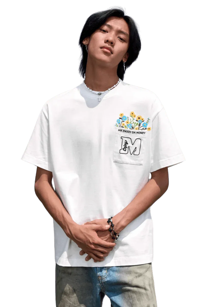 MEDM Flower Embroidery Pocket Tee in White with Colorful Floral Design and Pocket Detail