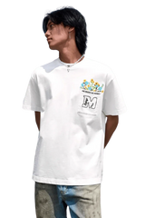 MEDM Flower Embroidery Pocket Tee in white featuring vibrant floral design and front pocket
