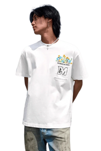 MEDM Flower Embroidery Pocket Tee in white featuring vibrant floral design and front pocket