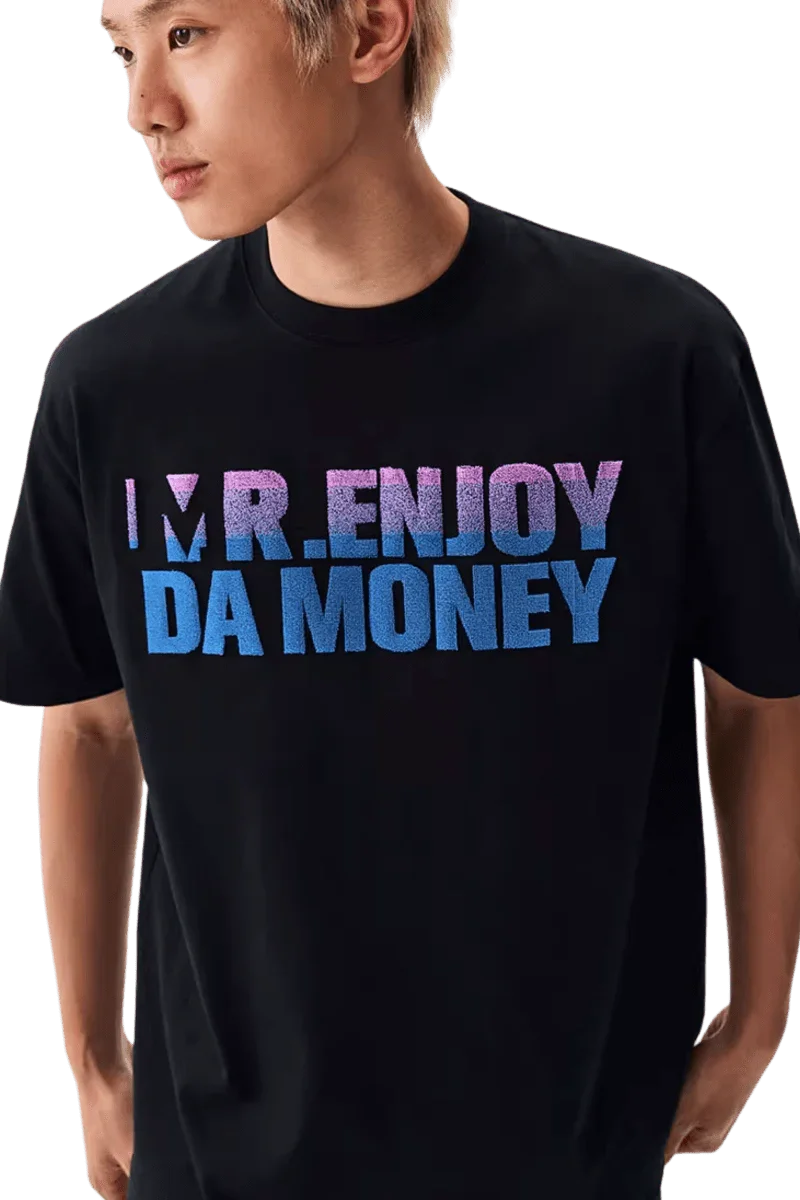 Black MEDM Gradient Letter Print Tee with vibrant lettering for a stylish streetwear look