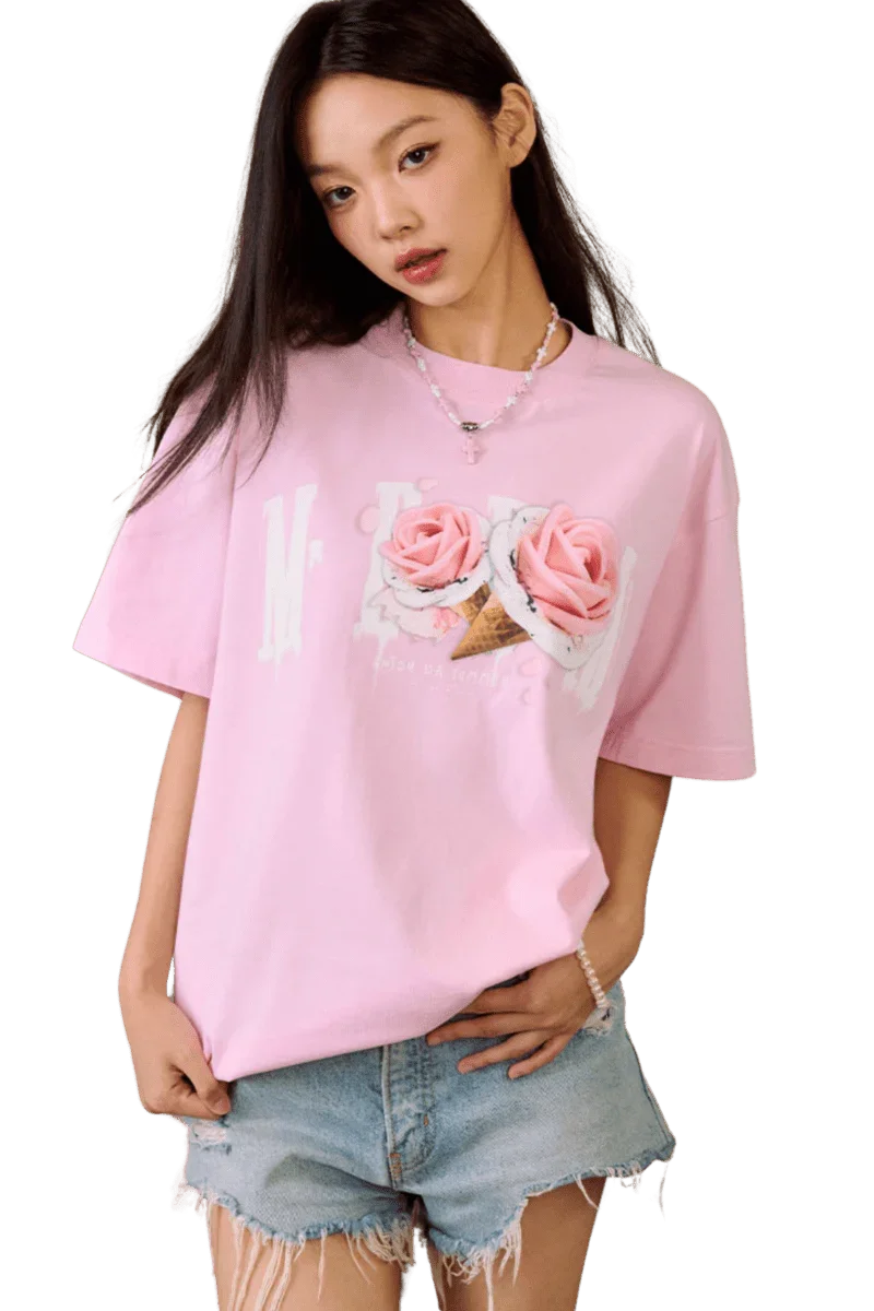 Light pink MEDM Ice Cream Series Print Tee featuring floral ice cream design for a stylish look