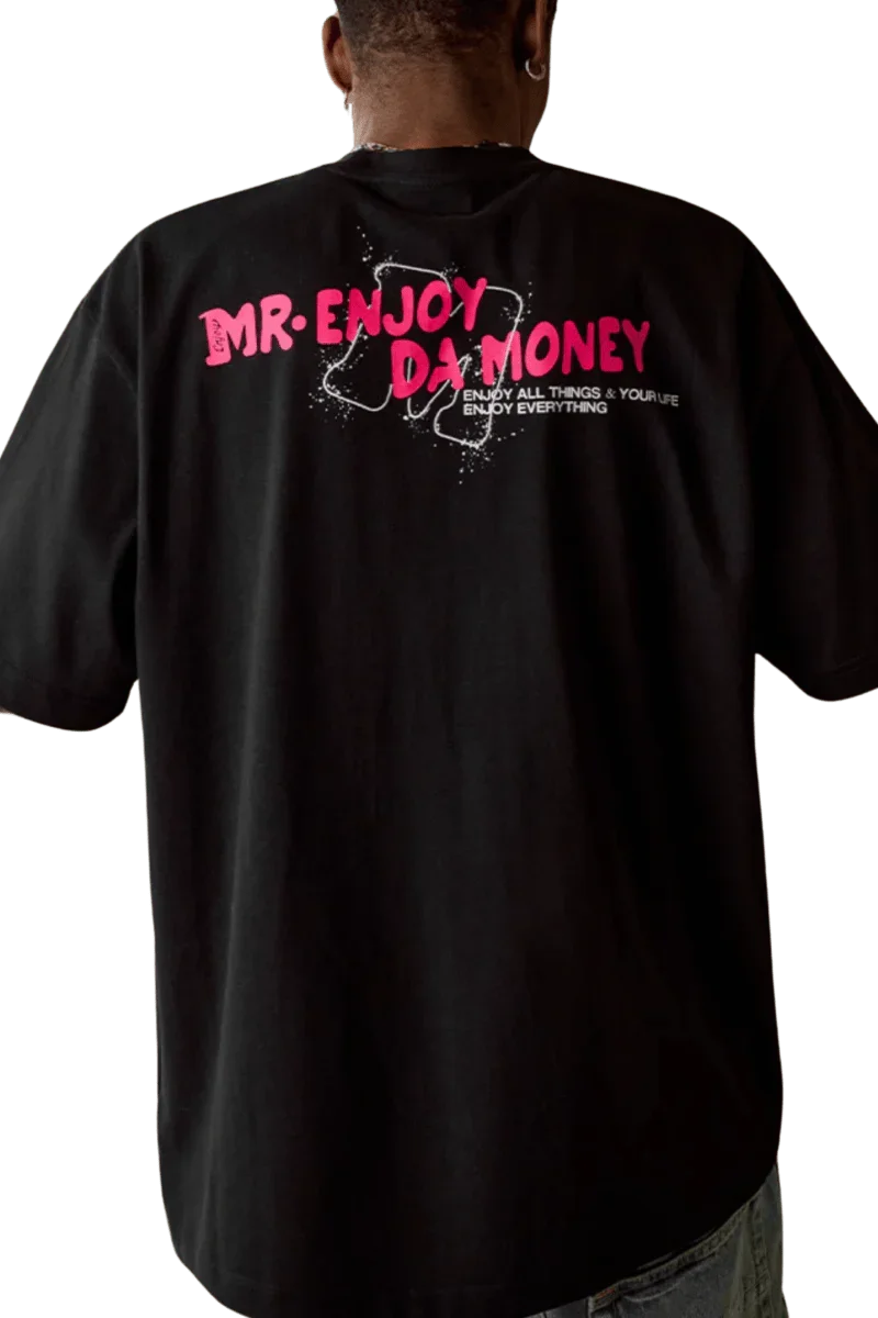 MEDM Large M WireFrame Embroidery Tee in Black featuring vibrant back graphic by Mr Enjoy Da Money