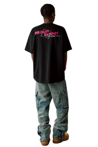 MEDM Large M WireFrame Embroidery Tee in Black with Mr Enjoy Da Money Logo on Back
