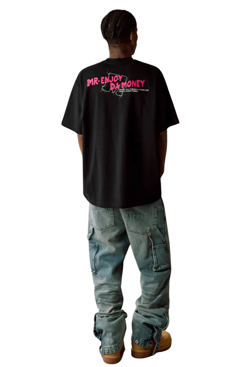 MEDM Large M WireFrame Embroidery Tee in Black with Mr Enjoy Da Money Logo on Back