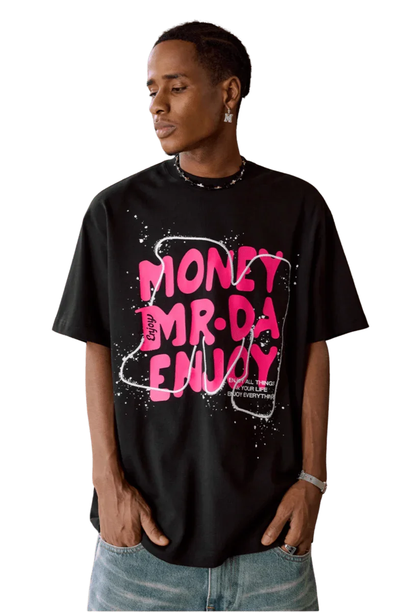 MEDM Large M WireFrame Embroidery Tee in black with bold pink graphic design for a stylish look