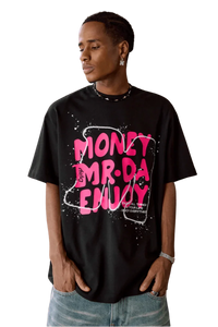 MEDM Large M WireFrame Embroidery Tee in black with bold pink graphic design for a stylish look