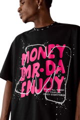 MEDM Large M WireFrame Embroidery Tee featuring bold pink lettering on a black background