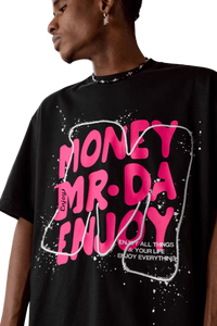 MEDM Large M WireFrame Embroidery Tee featuring bold pink lettering on a black background