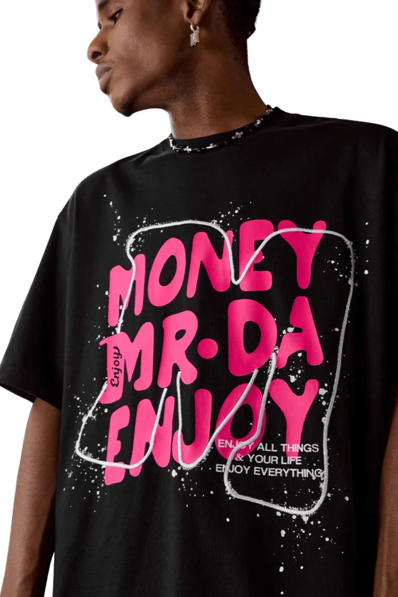 MEDM Large M WireFrame Embroidery Tee featuring bold pink lettering on a black background