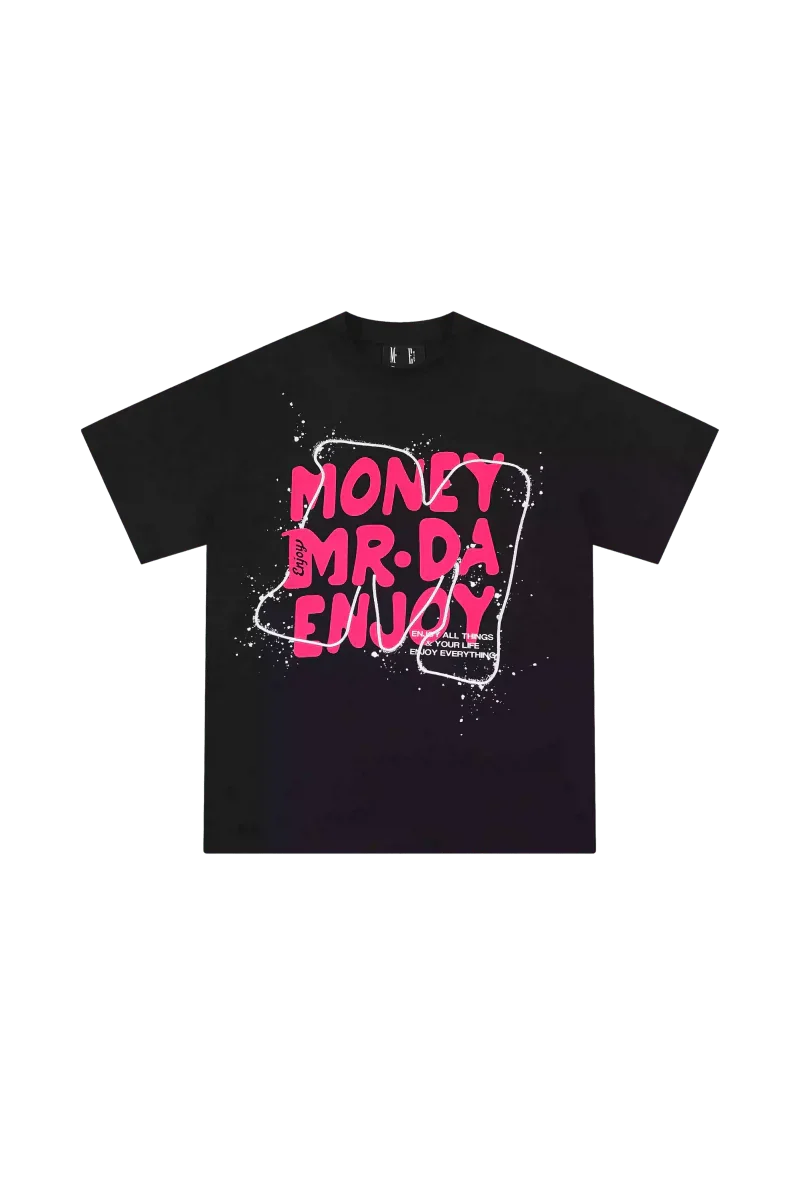 MEDM Large M WireFrame Embroidery Tee in black with vibrant pink graphic design