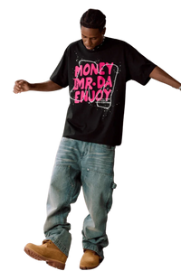 Model wearing MEDM Large M WireFrame Embroidery Tee in black with vibrant graphic design