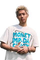 Young man wearing a MEDM Large M WireFrame Embroidery Tee featuring vibrant blue lettering on a white background