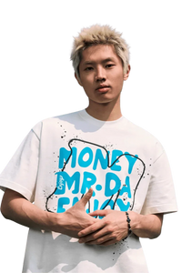Young man wearing a MEDM Large M WireFrame Embroidery Tee featuring vibrant blue lettering on a white background