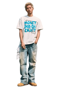 Model wearing MEDM Large M WireFrame Embroidery Tee with faded jeans and casual footwear
