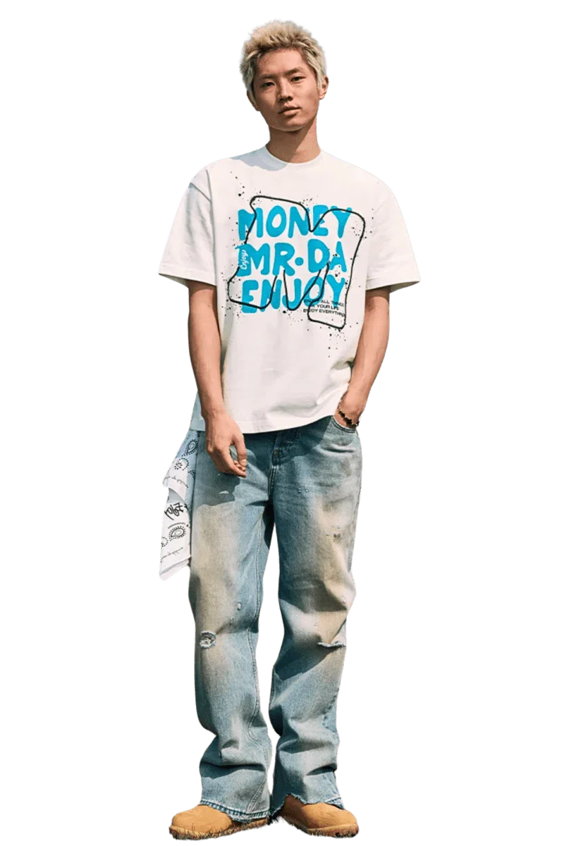 Model wearing MEDM Large M WireFrame Embroidery Tee with faded jeans and casual footwear