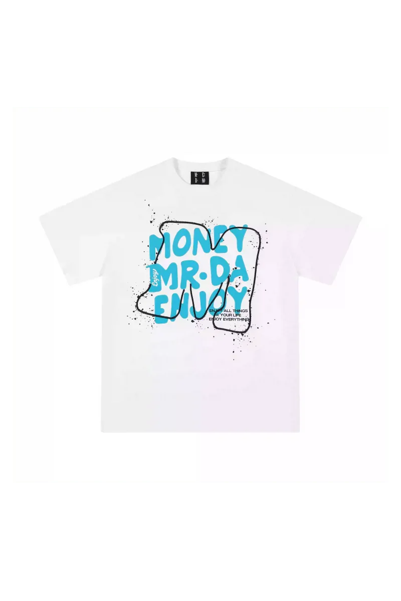 MEDM Large M WireFrame Embroidery Tee in white with bold blue lettering and artistic design