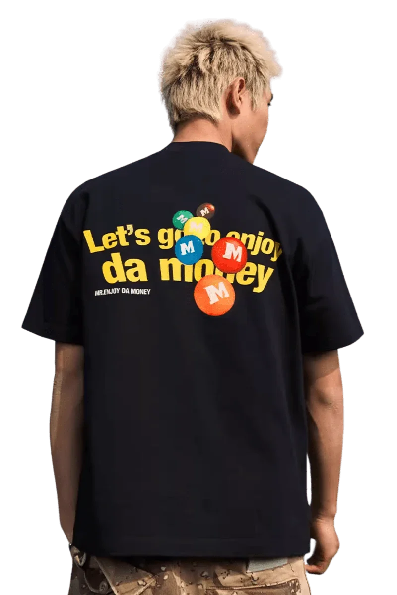 Mr Enjoy Da Money MEDM M&M'S Print Tee featuring colorful M&M's on the back with playful text