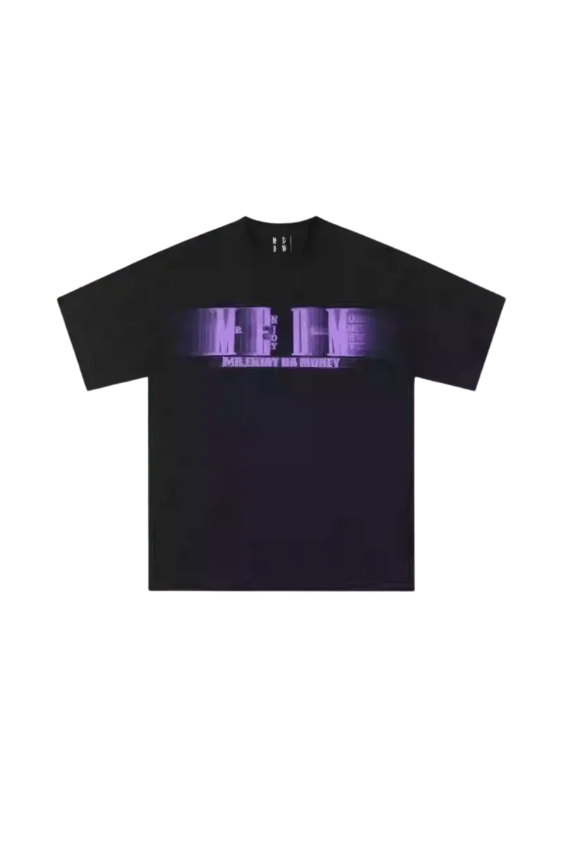 Black MEDM Phantom Contrast Tee by Mr Enjoy Da Money with purple graphic text design on front