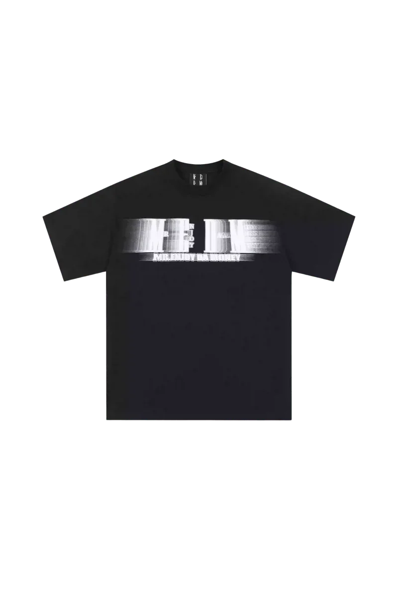 Black MEDM Phantom Contrast Tee by Mr Enjoy Da Money with silver blurred logo print on front