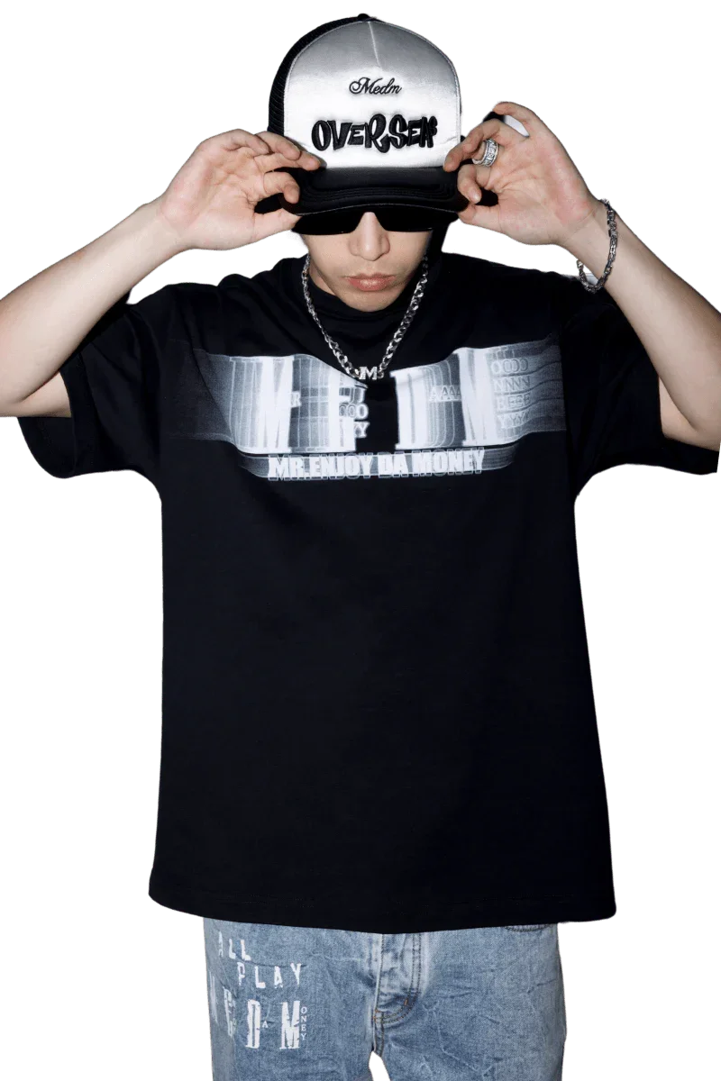 Black MEDM Phantom Contrast Tee by Mr Enjoy Da Money worn by a man with a white and black cap and sunglasses