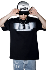 Black MEDM Phantom Contrast Tee by Mr Enjoy Da Money worn by a man with a white and black cap and sunglasses