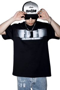 Black MEDM Phantom Contrast Tee by Mr Enjoy Da Money worn by a man with a white and black cap and sunglasses
