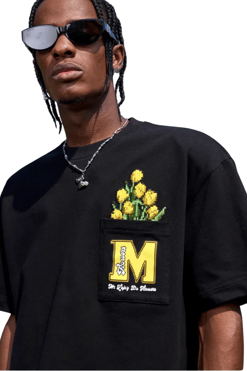 Black MEDM Pixelated Flower Pocket Tee by Mr Enjoy Da Money with yellow pixelated flower design and branded pocket