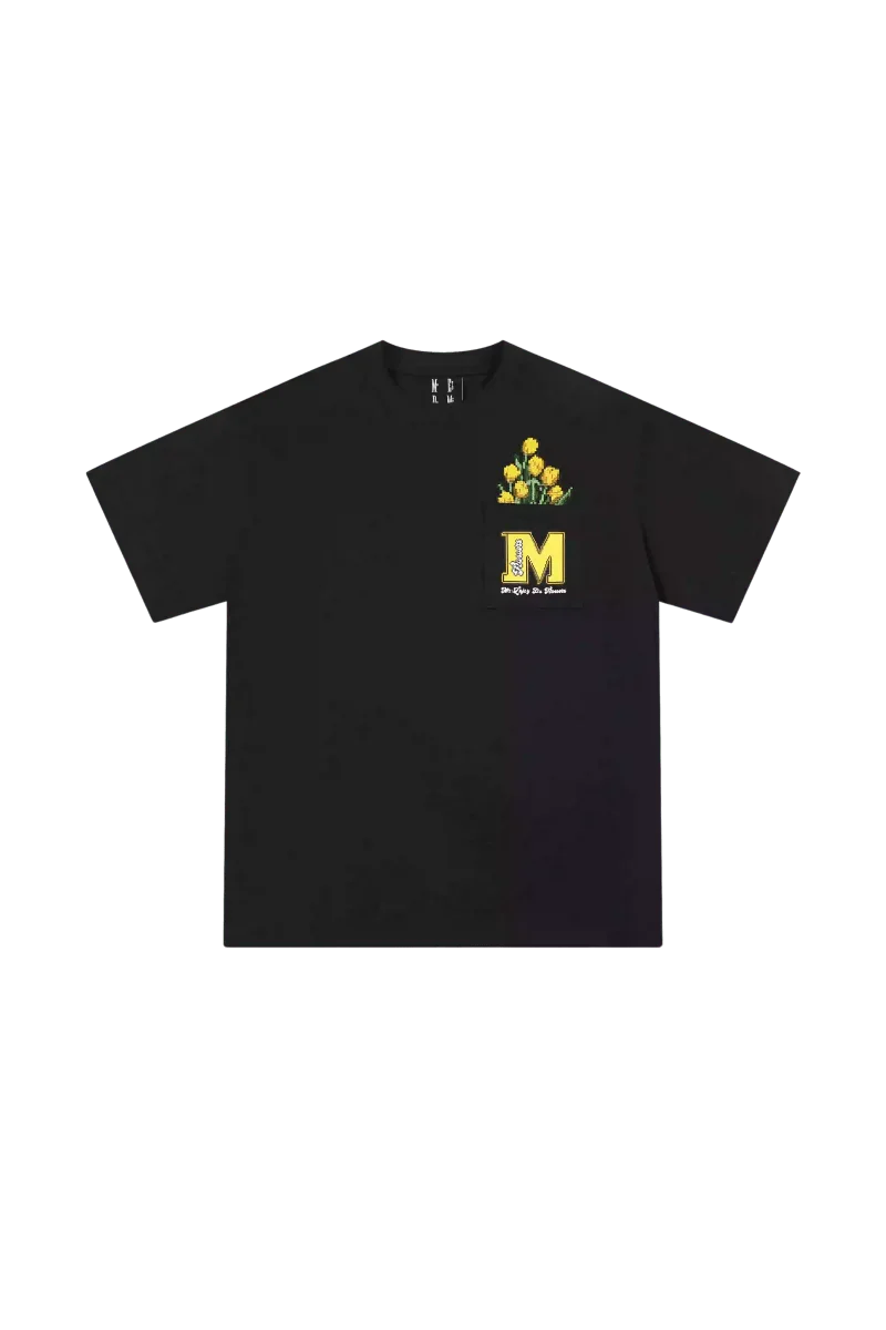 Black MEDM Pixelated Flower Pocket Tee by Mr Enjoy Da Money with yellow flower design above chest pocket