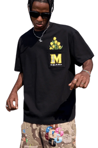 MEDM Pixelated Flower Pocket Tee by Mr Enjoy Da Money black t-shirt with yellow pixelated flower design on pocket